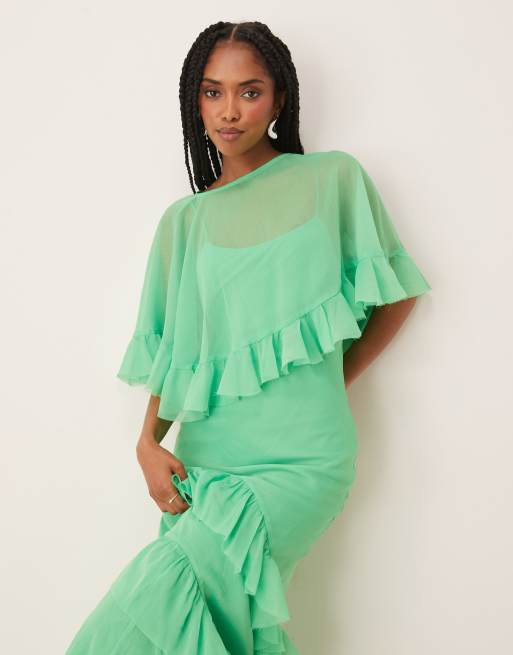 ASOS DESIGN - Schuingesneden maxi jurk met cape-overlay en ruches in felgroen, 3 van 4