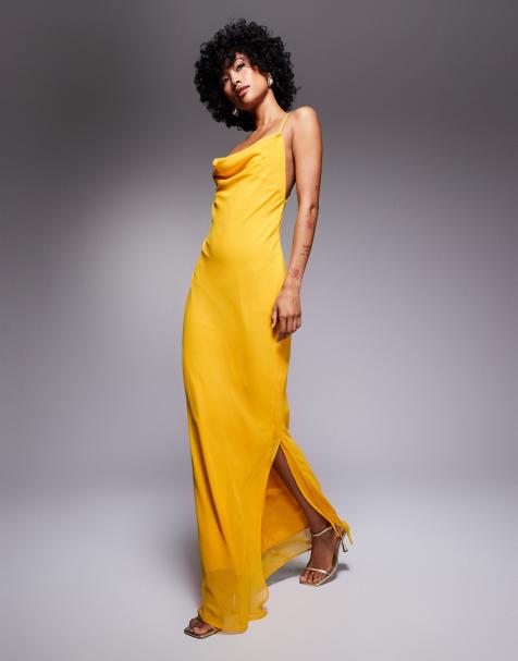 ASOS DESIGN - Schuingesneden maxi jurk met gekruiste bandjes achter in mosterdgeel - view 1