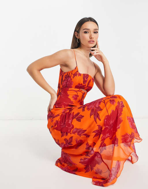 ASOS DESIGN - Schuingesneden maxi jurk met gerimpelde buste en uitsnijding in oranje bloemenprint, 3 van 4