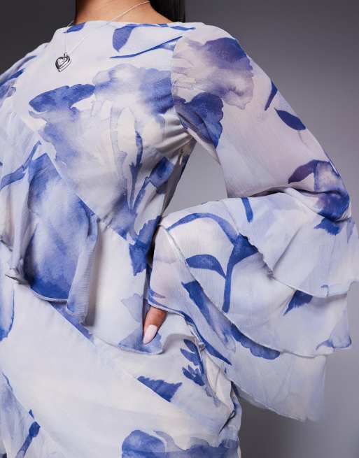 ASOS DESIGN - Schuingesneden maxi jurk met grote ruches in blauwe bloemenprint, 3 van 4
