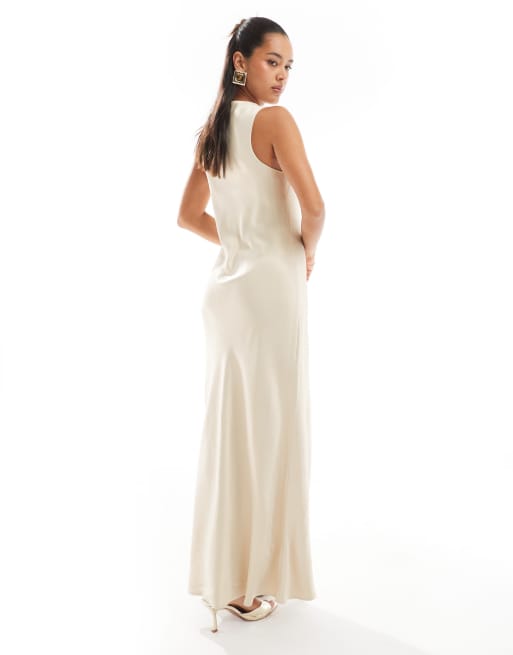ASOS DESIGN - Schuingesneden maxi jurk met lage ronde hals in champagne, 4 van 4