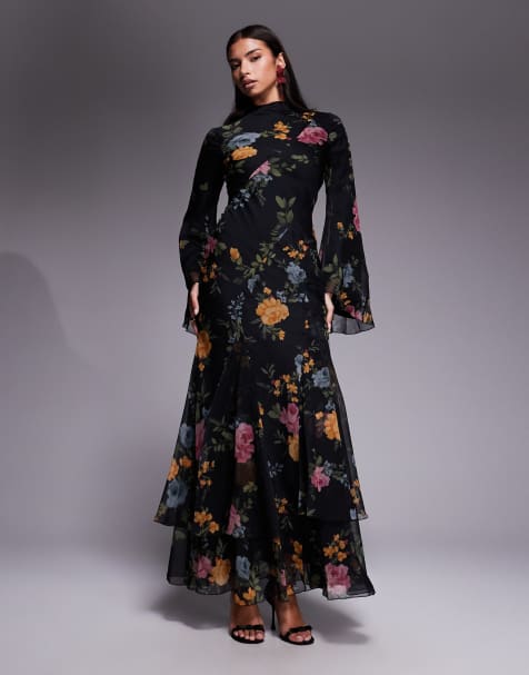 ASOS DESIGN - Schuingesneden maxi-jurk met lange mouwen, godet-plooien en bloemenprint in zwart - view 1