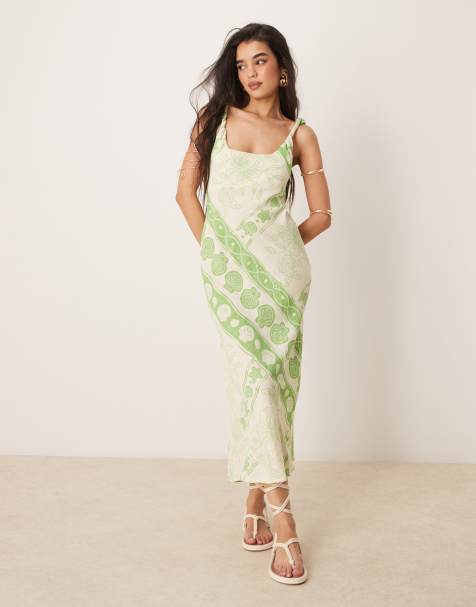 ASOS DESIGN - Schuingesneden maxi-jurk met linnenlook en gedraaide bandjes in tegelprint - view 1