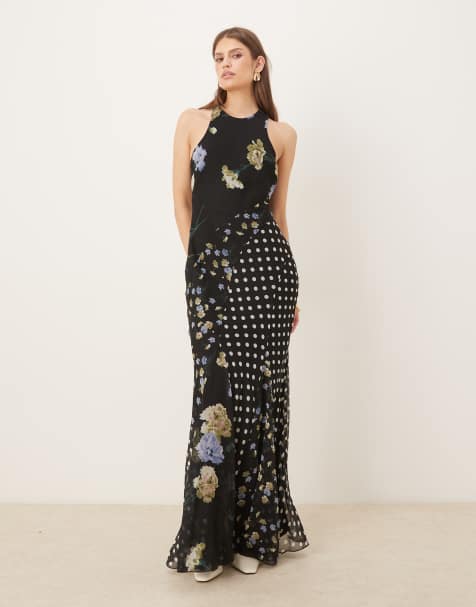 ASOS DESIGN - Schuingesneden maxi jurk met racerhals, godetzoom en gemengde bloemen- en stippenprint - view 1