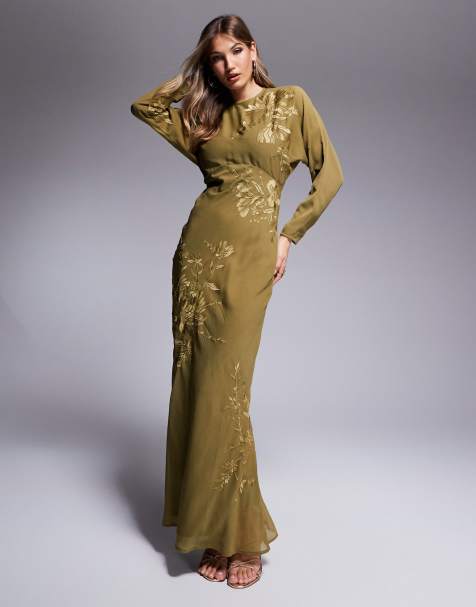 ASOS DESIGN - Schuingesneden maxi-jurk met vleermuismouwen en gebloemde borduursels in olijfgroen - view 1