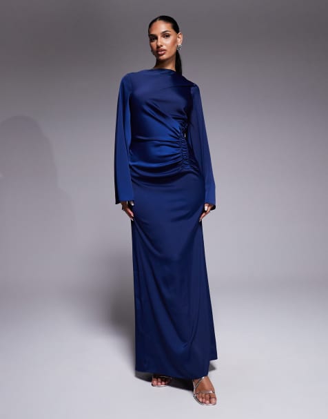 ASOS DESIGN - Schuingesneden maxi jurk met wijde mouwen en gerimpelde taille in marineblauw - view 1