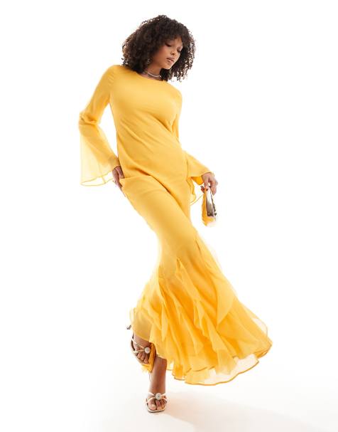 ASOS DESIGN - Schuingesneden maxi-jurk van chiffon met lange mouwen en ruches in oranje - view 1
