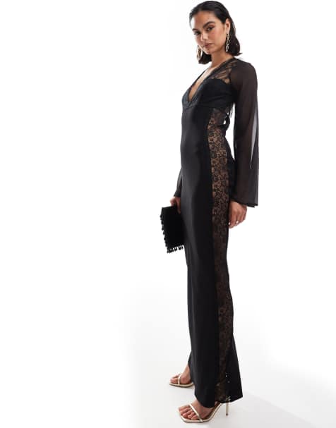 ASOS DESIGN - Schuingesneden maxi jurk van mix van chiffon en kant met uitsnijding in zwart - view 1