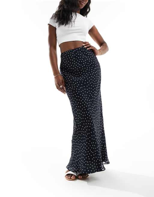 ASOS DESIGN - Schuingesneden maxi-rok van chiffon in marineblauw met witte stippen