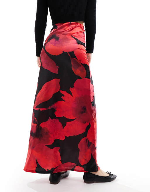 ASOS DESIGN - Schuingesneden maxi rok van satijnen keperstof met bloemenprint, 2 van 5