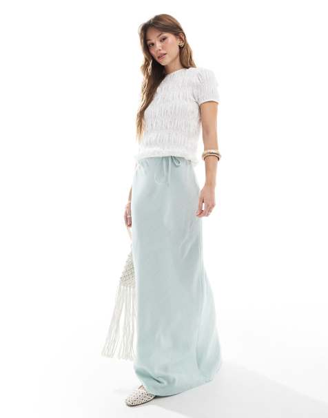 ASOS DESIGN - Schuingesneden maxirok van linnenmix in blauw - view 1