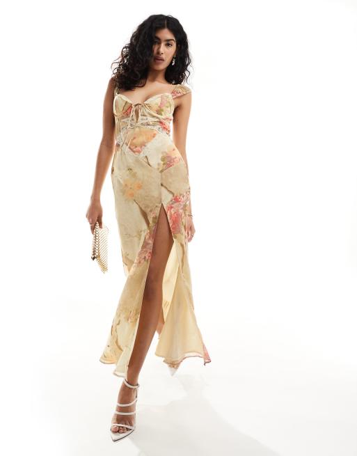ASOS DESIGN - Schuingesneden midi jurk met korsetdetail, kanten inzetstuk en patchwork bloemenprint