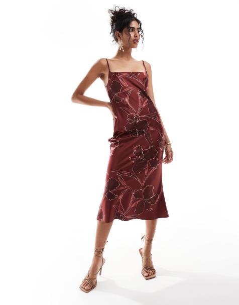 ASOS DESIGN - Schuingesneden midi-jurk met lage ronde hals en bloemenprint in bordeauxrood - view 1