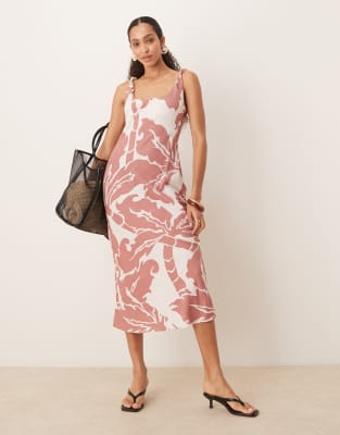 ASOS DESIGN - Schuingesneden midi jurk met linnenlook en gedraaid bandje in uitvergrote palmenprint - view 1