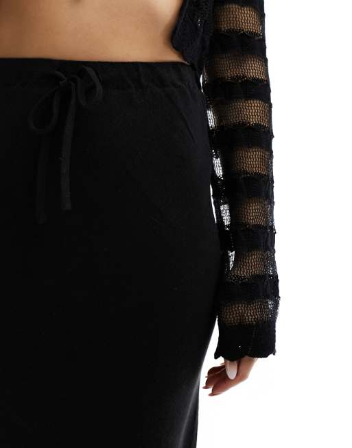ASOS DESIGN - Schuingesneden midi-rok met linnenlook en gestrikte taille in zwart, 5 van 5