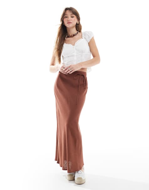 ASOS DESIGN - Schuingesneden midi-rok van linnenmix in bruin - view 1