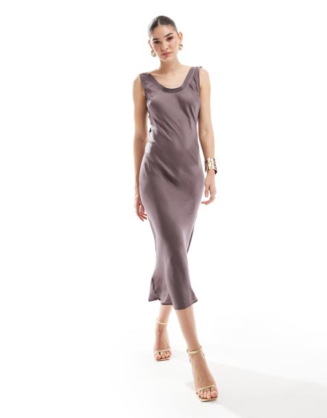 ASOS DESIGN - Schuingesneden midi-slipdress met geribbelde hals in mauve - view 1