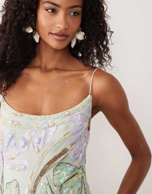 ASOS DESIGN - Schuingesneden mini-jurk met dubbele rouleaux-bandjes en versiering in aqua, 3 van 4