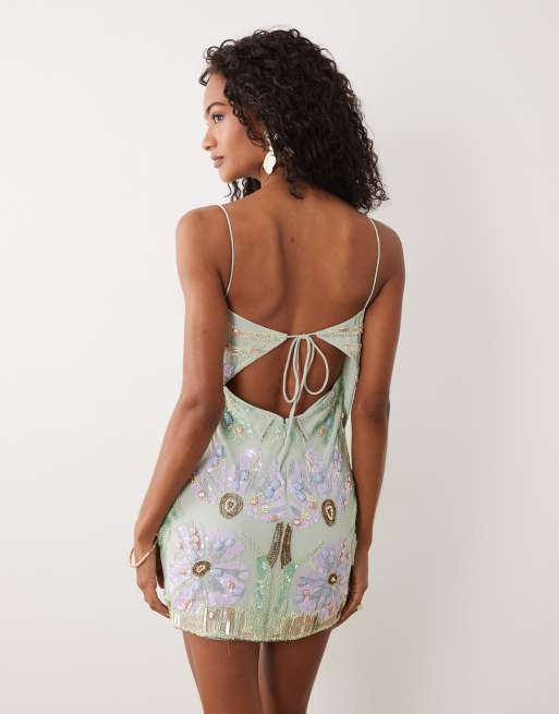 ASOS DESIGN - Schuingesneden mini-jurk met dubbele rouleaux-bandjes en versiering in aqua, 4 van 4