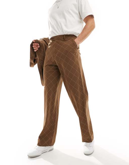 ASOS DESIGN - Schuingesneden pantalon met wijde pijpen en ruitprint in bruin