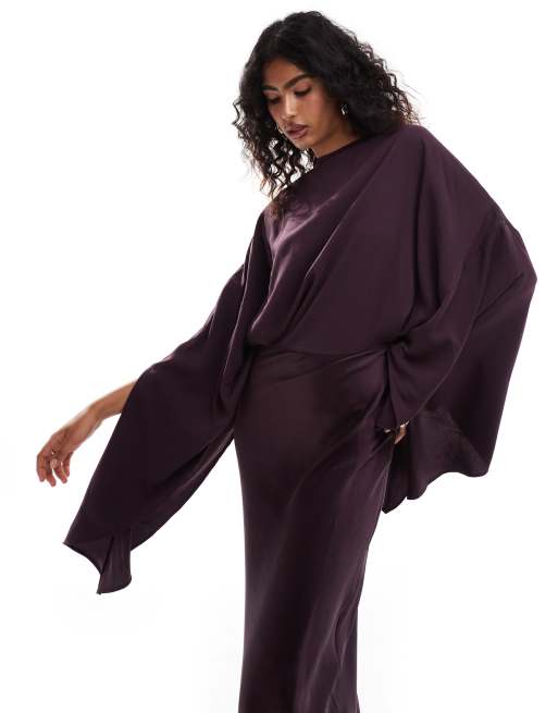 ASOS DESIGN - Schuingesneden satijnen maxi jurk met overlay van chiffon in pruimenpaars, 2 van 4