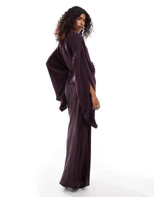 ASOS DESIGN - Schuingesneden satijnen maxi jurk met overlay van chiffon in pruimenpaars, 4 van 4