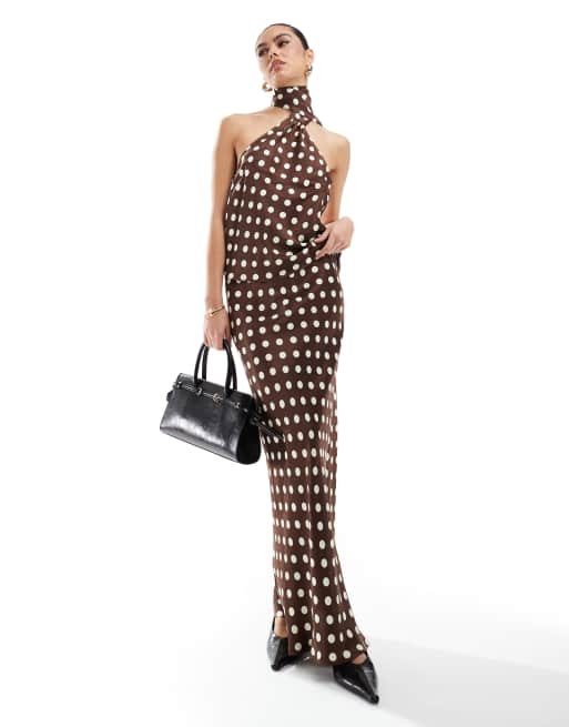 ASOS DESIGN - Schuingesneden satijnen maxi-rok in chocoladebruin met stippen, deel van co-ord set