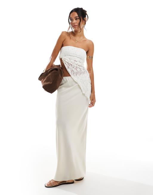 ASOS DESIGN - Schuingesneden satijnen maxi rok in oesterkleur