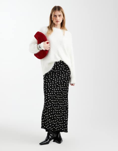 ASOS DESIGN - Schuingesneden satijnen maxi rok met stippenprint in zwart - view 1