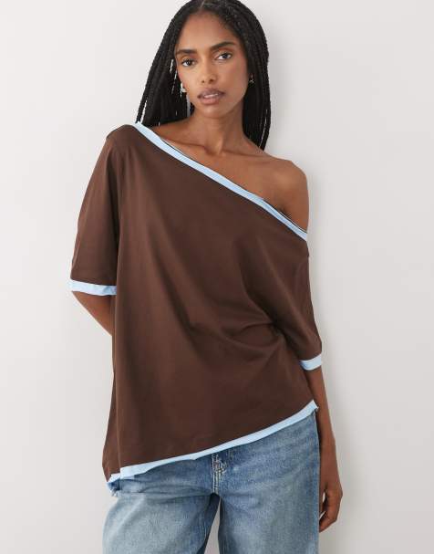 ASOS DESIGN schulterfrei mit kontrastierendem Oberteil in Braun und Blau - view 1