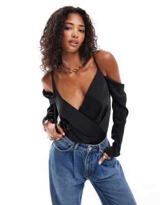 ASOS DESIGN - Schulterfreier Body in Schwarz-Grau