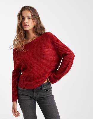 ASOS DESIGN - Schulterfreier, lockerer Strickpullover in Rot