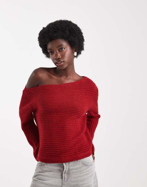 ASOS DESIGN – Schulterfreier, lockerer Strickpullover in Rot - view 1