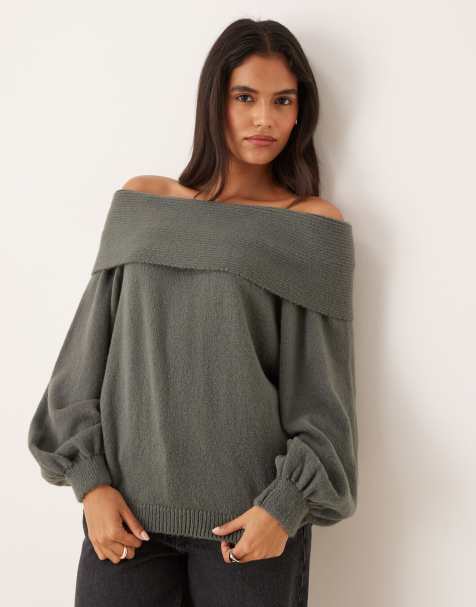 ASOS DESIGN – Schulterfreier Oversize-Pullover aus Strick in Grün mit Ballonärmeln - view 1