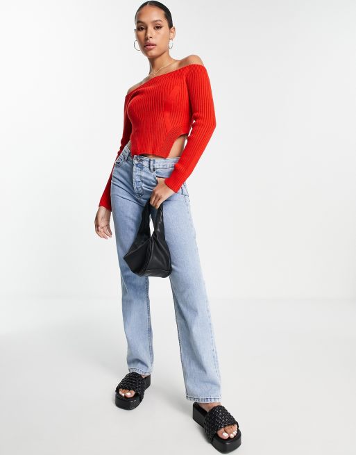 ASOS DESIGN Schulterfreier Pullover in Rot mit geformtem Saum ASOS