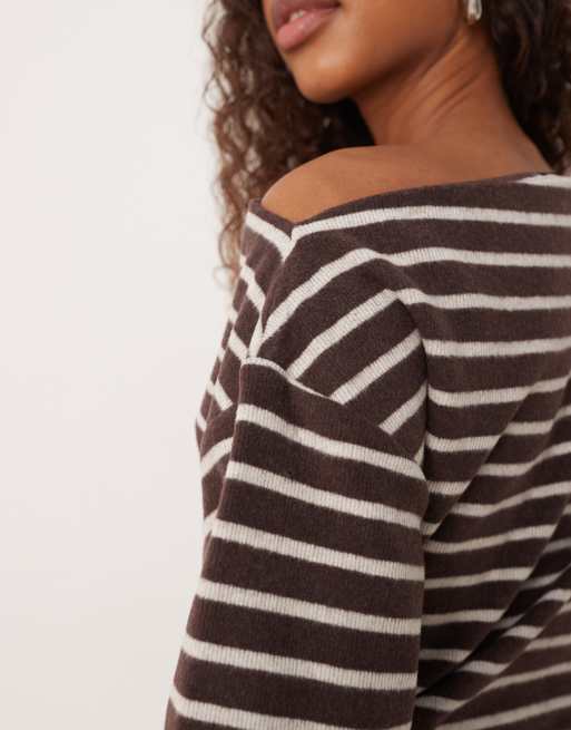 ASOS DESIGN – Schulterfreies angerautes Oberteil in Braun gestreift mit betonter Taille, 3 von 4