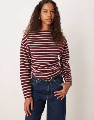 ASOS DESIGN - Schulterfreies angerautes Oberteil in Burgunderrot gestreift mit betonter Taille