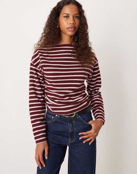 ASOS DESIGN – Schulterfreies angerautes Oberteil in Burgunderrot gestreift mit betonter Taille - view 1