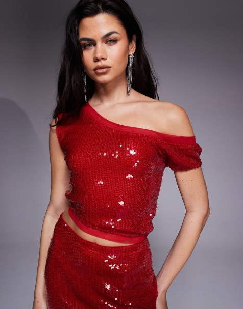 ASOS DESIGN – Schulterfreies, asymmetrisches Oberteil aus Netzstoff in Rot mit Pailletten, Kombiteil - view 1