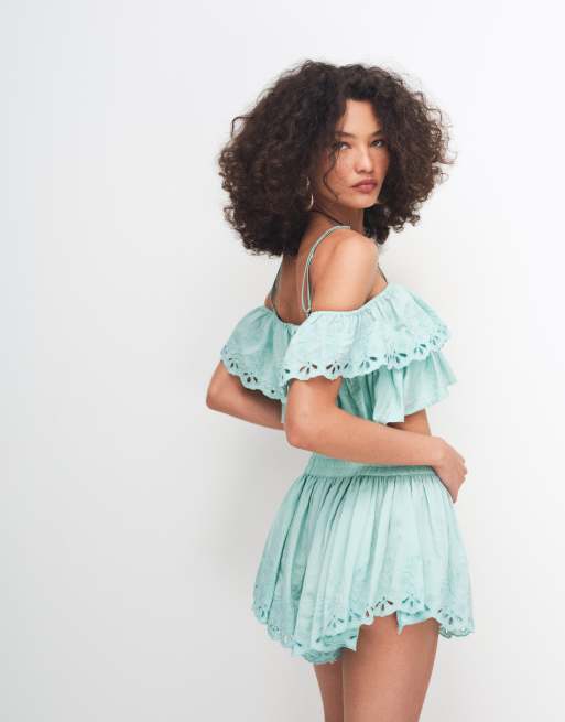 ASOS DESIGN schulterfreies Co-ord-Top mit Rüschen in Türkis, 4 von 7