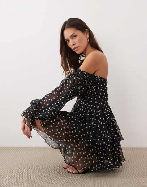 ASOS DESIGN – Schulterfreies, doppellagiges Godet-Minikleid mit Polka-Dot-Print - view 1