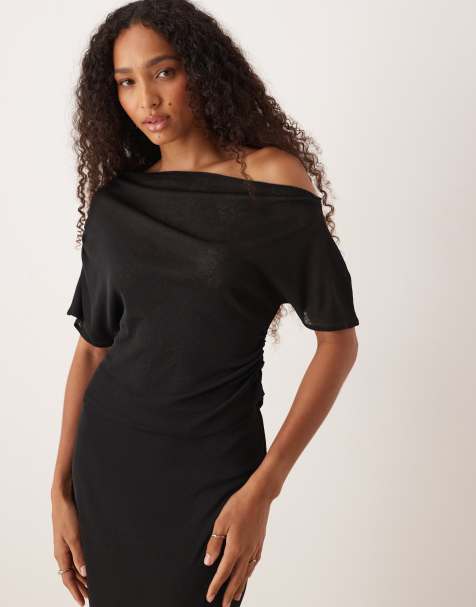 ASOS DESIGN – Schulterfreies, gerafftes Oberteil aus halbtransparentem Netzstoff in Schwarz, Kombiteil - view 1