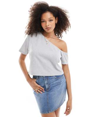 ASOS DESIGN - Schulterfreies, kastiges Oversize-T-Shirt in meliertem Grau-Weiß