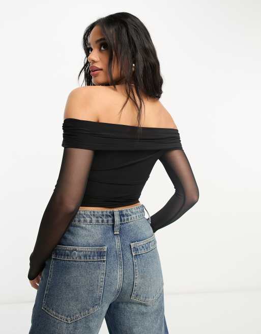 ASOS DESIGN – Schulterfreies, langärmliges Bardot-Oberteil in Schwarz mit gewickelter Vorderseite, 2 von 4
