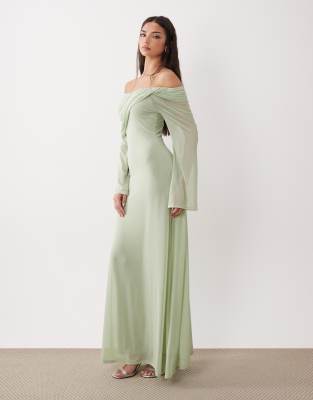 ASOS DESIGN - Schulterfreies, langärmliges Maxikleid in Salbeigrün mit drapiertem Ausschnitt