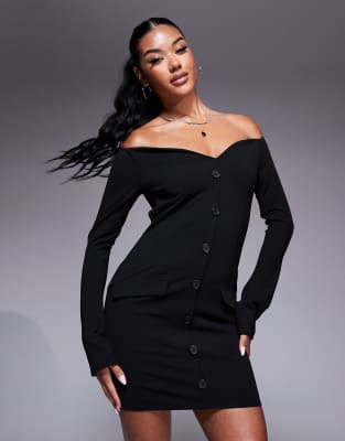 ASOS DESIGN - Schulterfreies, langärmliges Mini-Westenkleid in Schwarz mit Knopfleiste