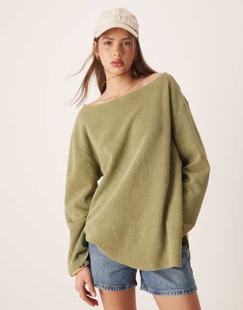 ASOS DESIGN – Schulterfreies, langärmliges T-Shirt in verwaschenem Grün mit Waffelstruktur - view 1