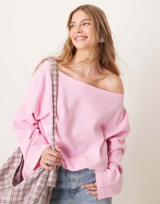 ASOS DESIGN - Schulterfreies Langarmshirt in verwaschenem Rosa mit Waffelstruktur