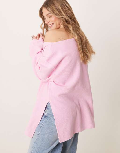 ASOS DESIGN – Schulterfreies Langarmshirt in verwaschenem Rosa mit Waffelstruktur, 3 von 4