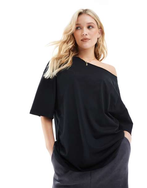 ASOS DESIGN – Schulterfreies, lockeres Oversize-T-Shirt in Schwarz - view 1